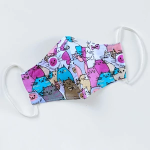 Színes Cica mintás textil maszk - Állítható gumipánttal - Kétrétegű - Magenta/Türkiz